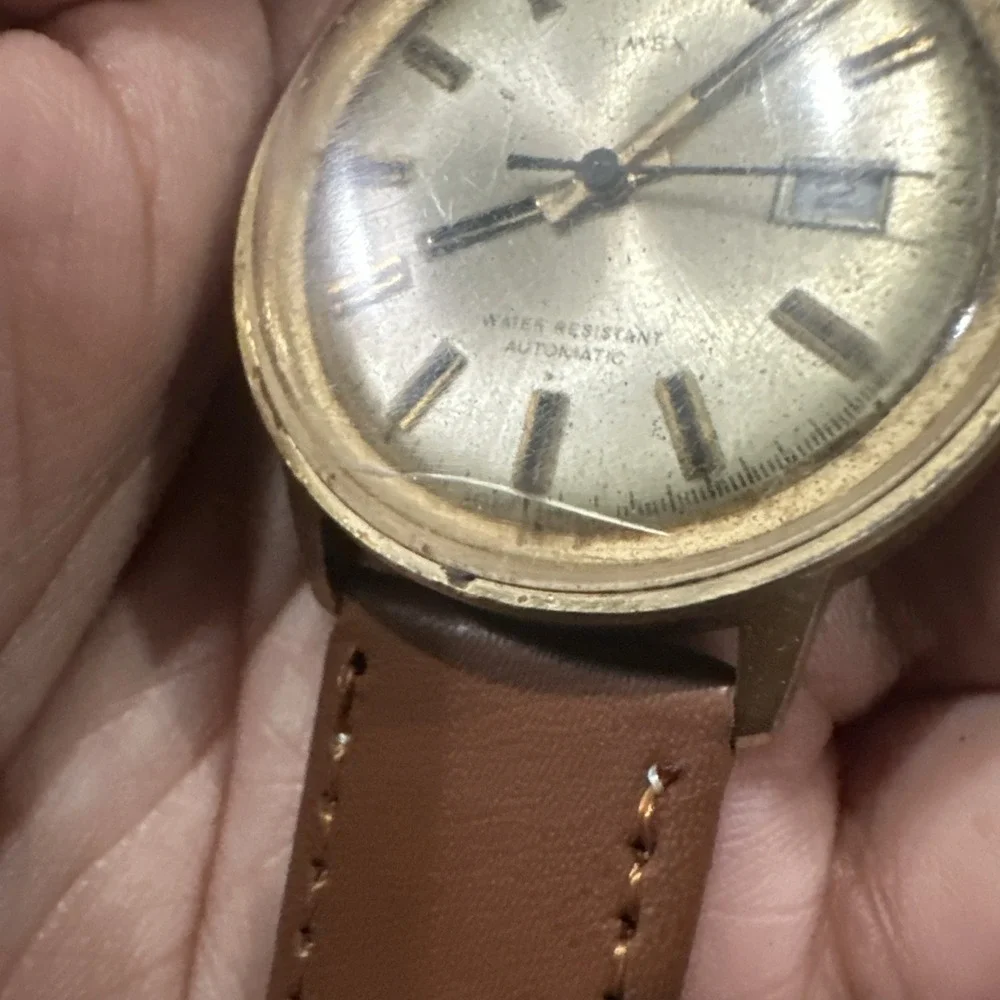 Works Vintage Timex Viscount Automatic Mens Watch Gold Tone 35mm New Strap 7.5in